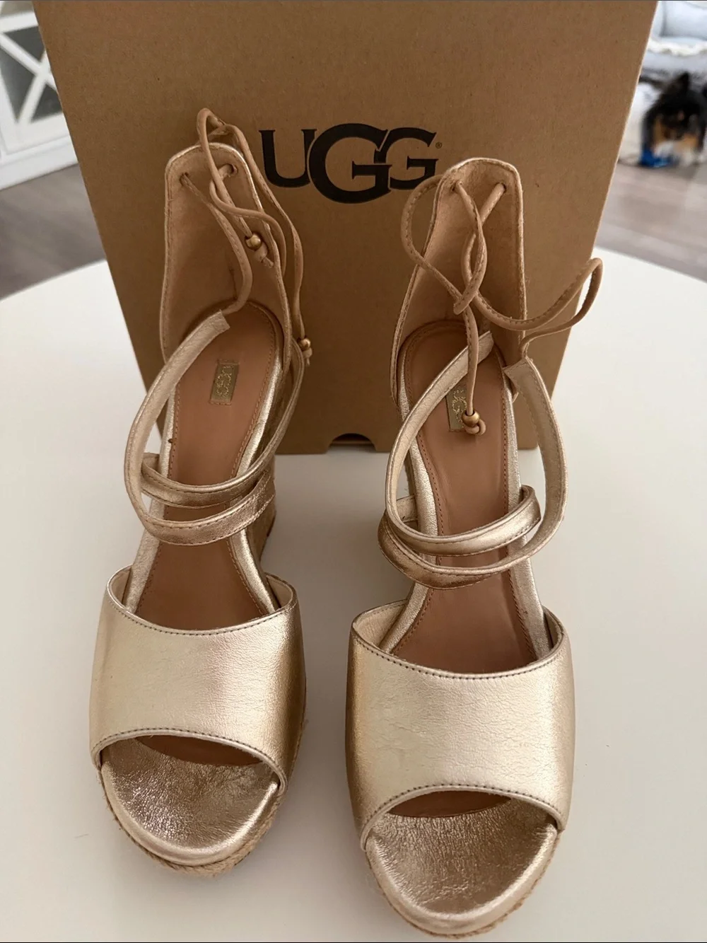 UGG Women's Metallic Champagne Lace-Up Wedge Sandals